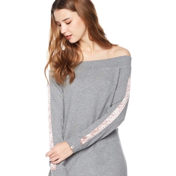 Off Shoulder Blush Stripe Long Sleeve Knit Dress - Picture 4 of 4